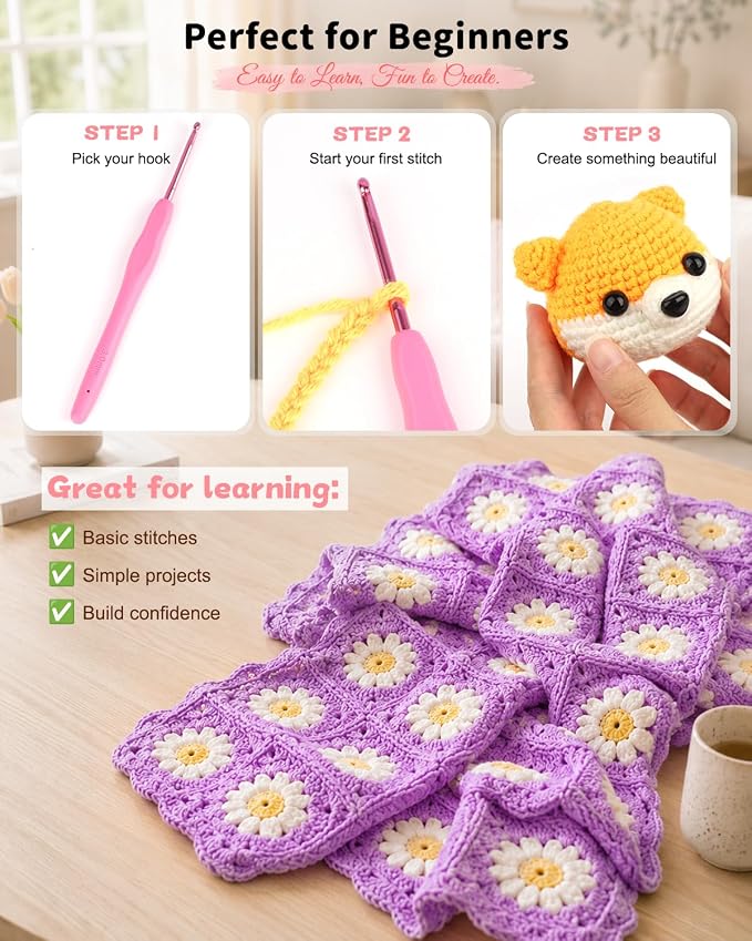 Aeelike Crochet Kit for Beginners - 59-Piece Crochet Starter Kits with Yarn, Ergonomic Hooks & Storage Case, Learn-to-Crochet Set for Adults, Kids & Seniors, Ideal DIY Craft Gift for Women