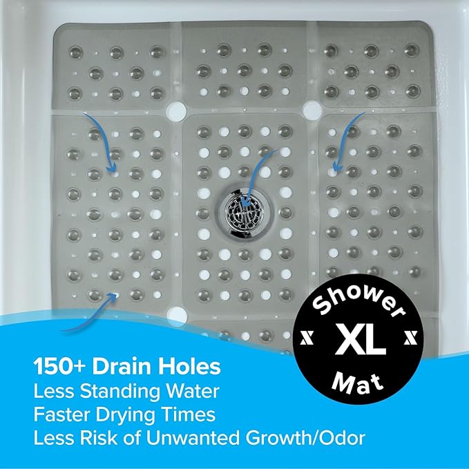 SlipX Solutions 27" Oversize Square Shower Mat, Non-Slip Mat for Elderly & Kids, 100+ Power Grip Suction Cups for Smooth Surfaces, Machine Washable, Translucent Gray