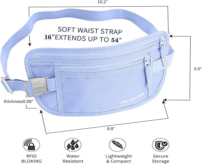 Money Belt for Travel - Hidden Travel Pouch Protect Your Credit and Money With RFID Blocking Passport Holder Waist Wallet (Azure)
