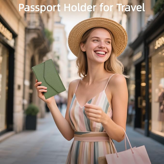 Passport Holder Travel Wallet Organizer for Women,Army Green | RFID secure, 6 card slots, 14 sim pockets, passport holder with zip-around wallet, slim fit for women travelers.