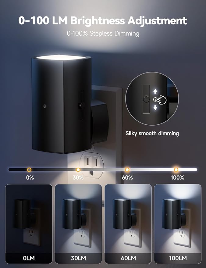Brightown BL-WM-Square-Black-PW-2PC | Modern Night Light with Rotating Plug, Dusk to Dawn Sensor, 0-100LM Stepless Dimming Night Light for Hallway Bedroom Bathroom