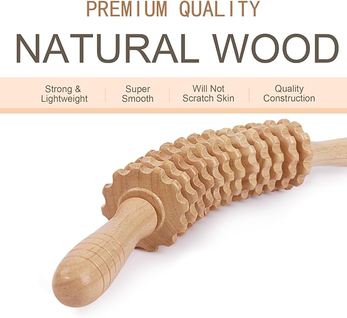 Wood Massage Roller Muscle Roller Cellulite Massage Tool Fascia Blaster Lymphatic Drainage Massager Wood Therapy Massage Tools for Deep Tissue Muscle Relief Recovery(12-Wheel)