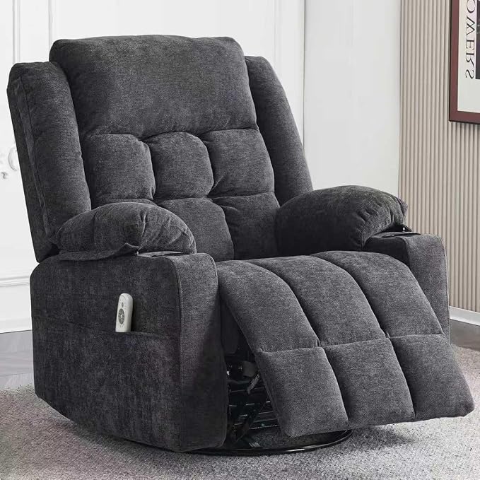 Ketaiyou Power Swivel Rocker Recliner Chair for Adults with Massage and Heat, USB and Type-C Ports, Infinite Position, Electric Glider Reclining Single Sofa Chair for Living Room (Dk Gray)