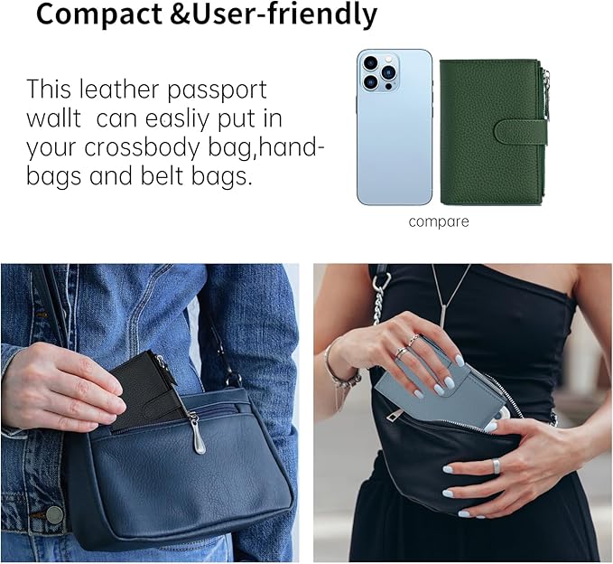 Passport wallet and Card Slot Combo RFID Blocking Leather Travel Passport Wallet for Men and Women with Zippered Coins Pocket Passport holder, Deep Green