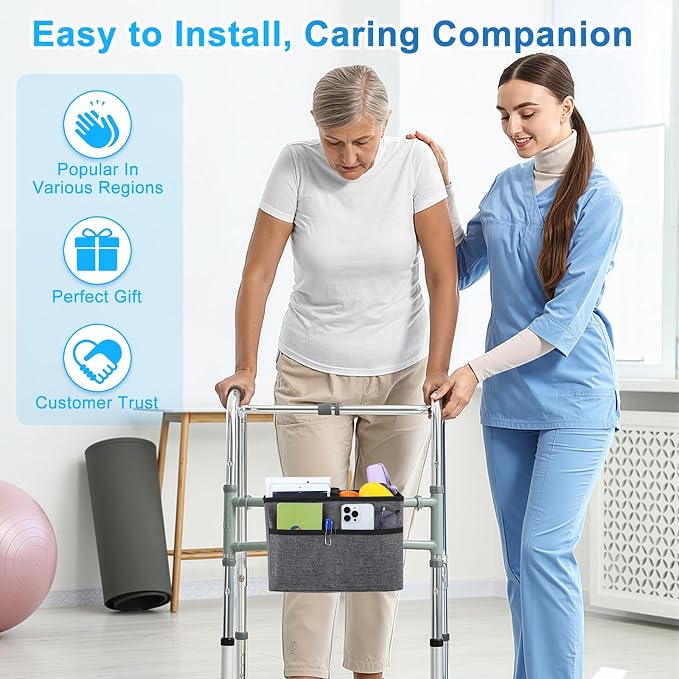 Rhino Valley Walker Basket for Walkers Accessories for Seniors,Gray | Basket for Walkers with Multi Pockets, Hand-free Carry Pouch Storage Bag Walker Accessories for Universal Walkers for Seniors