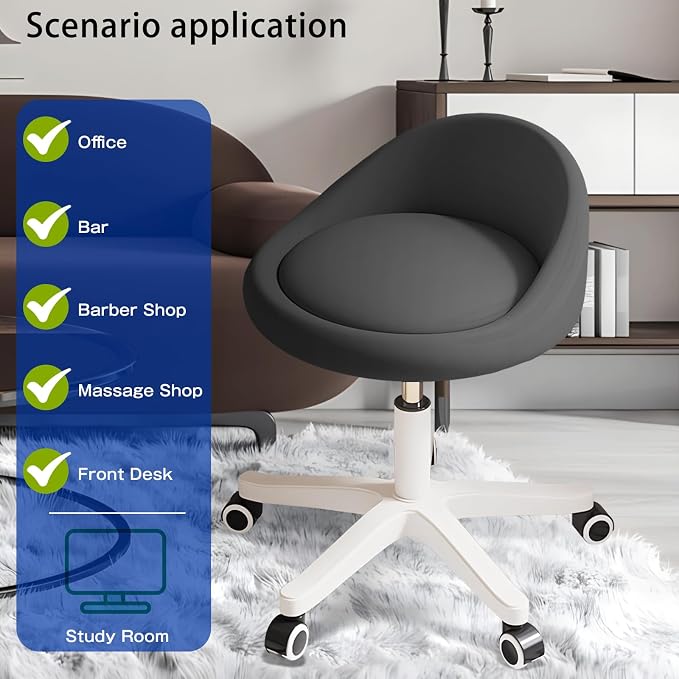 Rolling Stool – Ergonomic Swivel Seat, Adjustable Height, Ultra-Quiet Wheels, Padded PU Leather Cushion, for Salon, Office, Massage & Medical Use Black sap1