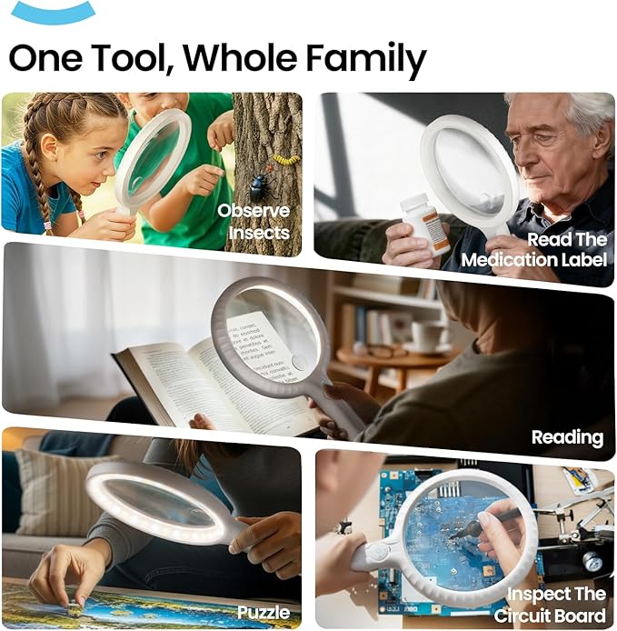 ARTDOT Large Handheld Magnifying Glass for Reading and Close Work, Adjustable Brightness Magnifier as Gifts for Seniors, Grandma, Grandpa