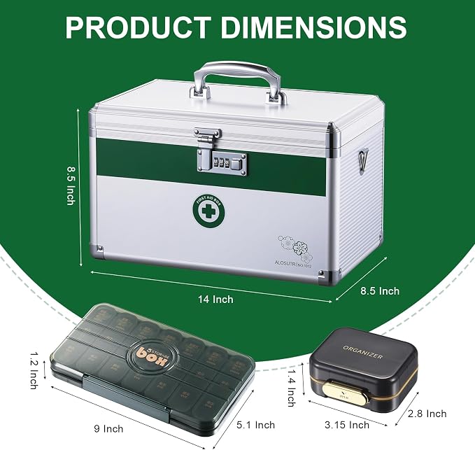 Medicine box with lock 14x8.5x8.5 Inches [Large] | Medication Lock box ，First Aid Key Safe Box with Lock, Medical Box Organizer