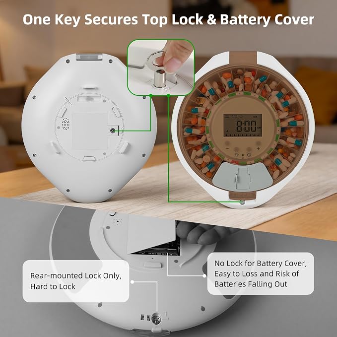 EziMedPil 28-Day Automatic Pill Dispenser with Top Lock Friendly for Senior | Ergonomic Lid Design for Easy Flipping, 9 Daily Alarms & Sound-Light Alert, Easy-Read LCD & Simple 4-Button Intuitive Setup