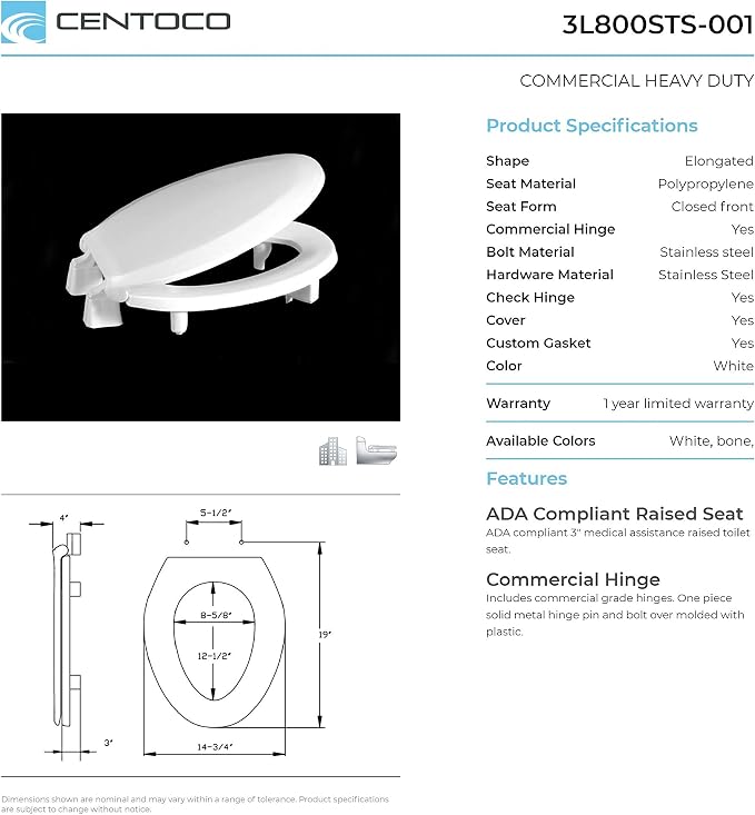 Centoco 3 inch Raised Toilet Seat for Seniors, Elongated, White | Closed Front, Cover, Plastic, 3L800STS-001, Made in the USA
