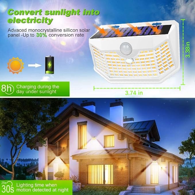 HMCITY 120 LED Solar Lights Outdoor Motion Sensor, 6 Pack, White Warm | 3 Lighting Modes, IP65 Waterproof, Front Button Control, Wide Solar Wall Lights Ideal for Garden Patio Yard