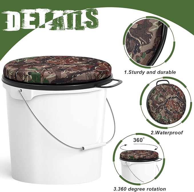 2 Pcs 5 Gallon Bucket Seats 360 Degree Swivel Bucket Seat Cushion Camouflage Ice Fishing Cushion Waterproof Cover for Hunting Fishing Gardening Camping
