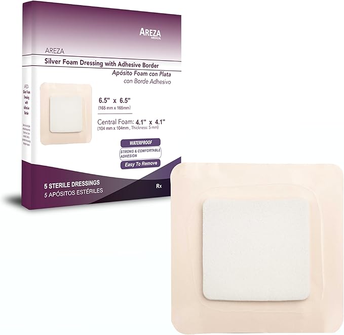 Areza Medical - Silver Foam Wound Dressing Pad - Sterile - 6.5" X 6.5" (16.5 cm X 16.5 cm) - Adhesive Border - 5 PCS per Box