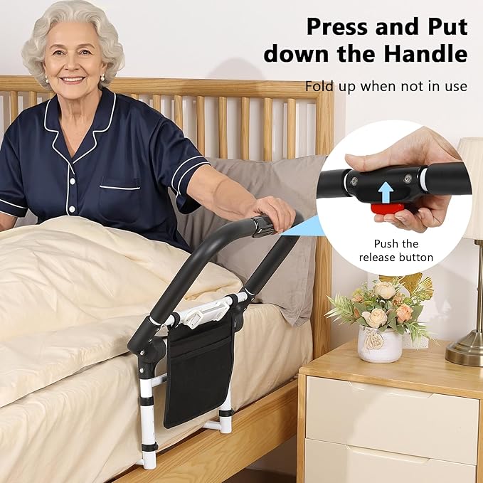 Bed Rails for Elderly Adults Safety with Foldable Non-Slip Handle, Adjustable Bed Assist Rails for Seniors, Handicap, Disable, Bed Assist Handle with Motion Light, Storage Pocket, White/Black