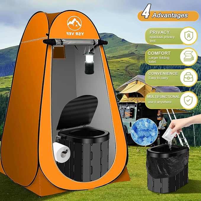 Portable Toilet Kit, Camping Toilet with Pop-Up Privacy Tent and Poo Gel Toilet Bags, Washable Portable Outdoor Showers Changing Rooms