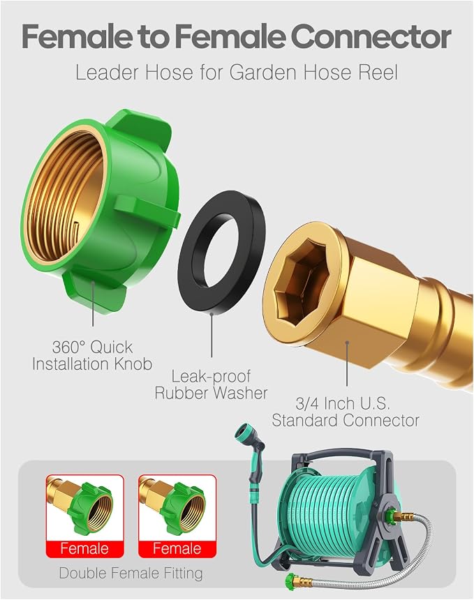 Short Metal Garden Hose 5 ft with Female to Female Connector， Stainless Steel Small Leader Hose for Hose Reel, Long, Flexible, Lightweight & Heavy Duty Water Pipe, Outdoor Water Hose Extension Adapter