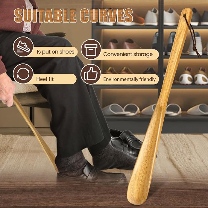 ZOMAKE Wooden Shoe Horn Long Handle for Men Women 15.7" 13.8" | Long Shoehorn Boot Horn for Seniors, Sturdy Wooden, Shoes Protection, No Bend Over, Easy Shoe Wear for Home Office Use