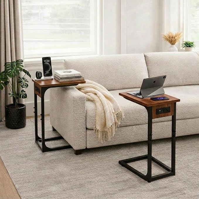 TEMI C Shaped End Table for Couch with Charging Station, Small Side Table TV Tray for Eating or Laptop, Accent Desk for Sofa or Chair, Space Saving Living Room Bedroom, Rustic Walnut