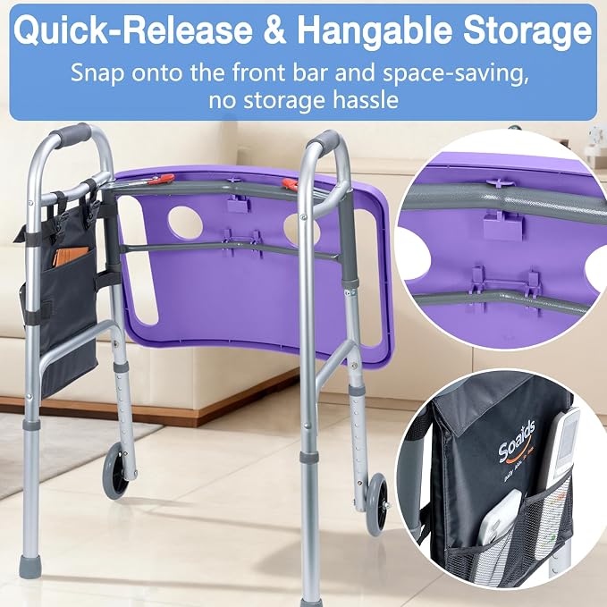 Walker Tray for Seniors with Dual Cup Holders & Side Pouch (Purple) | Durable Food & Drink Table, Lightweight with Non-Slip Pad, Compatible with Walker of 10210-1 Model