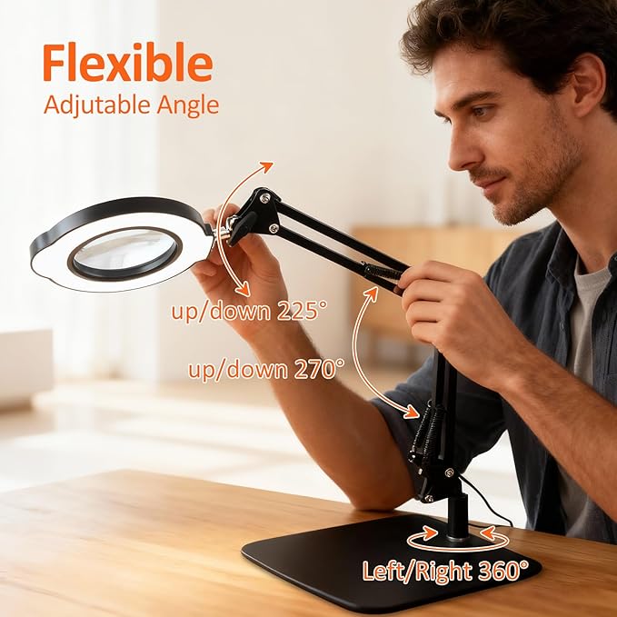 10X 30X Magnifying Glass with Light and Stand, Desktop LED Magnifying Lamp with Base and Clamp, 5 Color Modes, 3 Dimmable Levels Hands Free Magnifying Glasses for Close Work, Reading Crafts Jewelry