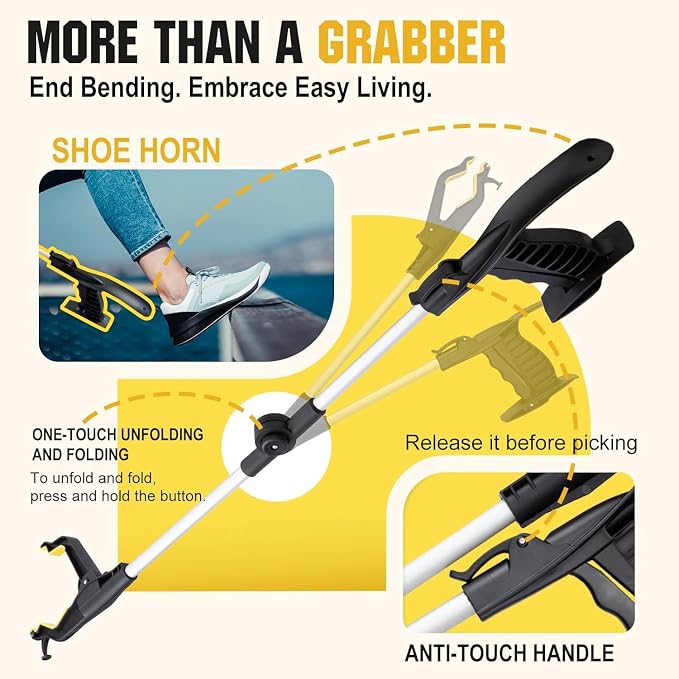 32" Grabber Reacher Tool, 2-Pack Foldable Reacher Grabber Pickup Tool with Shoe Horn Design, Trash Picker Upper Grabber with 360° Rotating Jaw & Magnet, Bend-Free Grabbers for Seniors