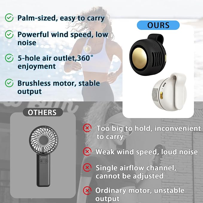 Portable Clip-On Fan, Mini USB Rechargeable 360° Rotatable Fan, Personal Fan 3-Speed Silent Mini Bladeless Fans (2 pack(Black and Pink))
