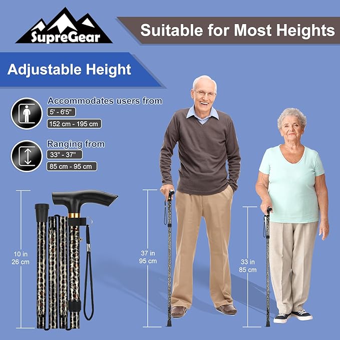 supregear Folding Cane, 5-Level Adjustable Height Walking Stick Lightweight Collapsible Portable Travel Cane with Wrist Strap and T Handle for Elderly Disabled Men Women