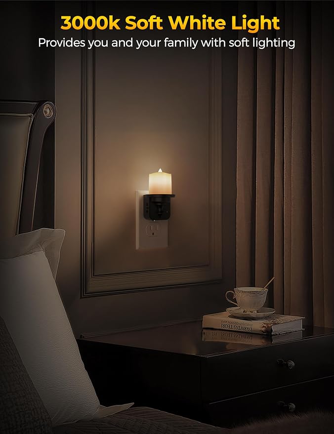 Flameless Candle Night Light, Night Lights Plug into Wall 2 Pack, LED Candle Night Light with Light Sensor, 0-100LM Dimmable Nightlight Plug in, 3000K Soft White Nightlight for Kids Hallway Bathroom