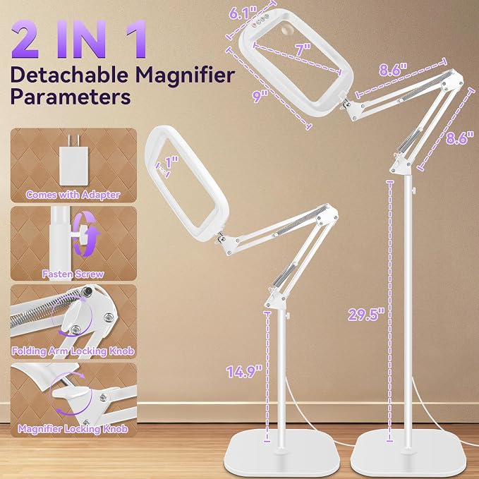 30X 10X Extra Large Floor Magnifying Glass with Light and Stand | 7-inch Adjustable Height Floor Magnifying Lamp,2 in 1 Lighted Magnifiers for Close Work,Sewing,Crafts,Hobbies,Reading,W