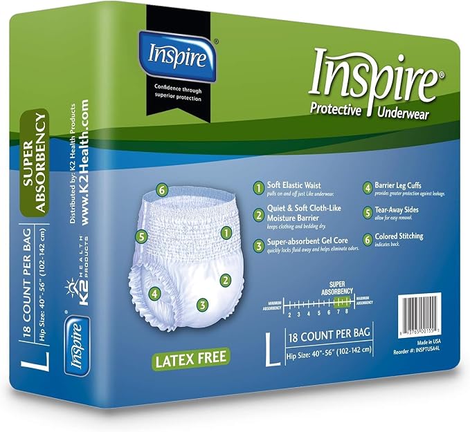 Inspire Protective Underwear for Men and Women | Adult Diapers for Bowel Incontinence | Disposable Underwear for Women and Men - 4 Bags of 18 | 72 Total (Large)