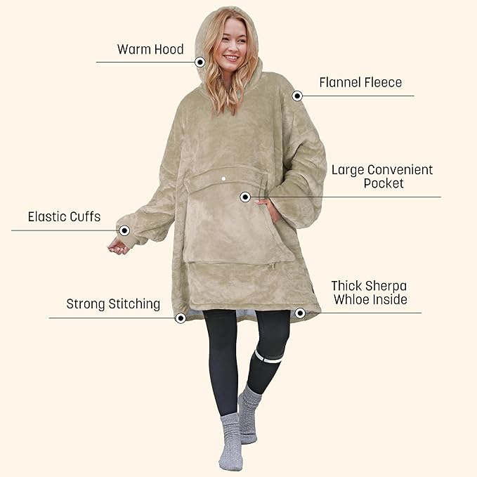 Catalonia Oversized Blanket Hoodie Sweatshirt, Wearable Sherpa Lounging Pullover for Adults Women Men