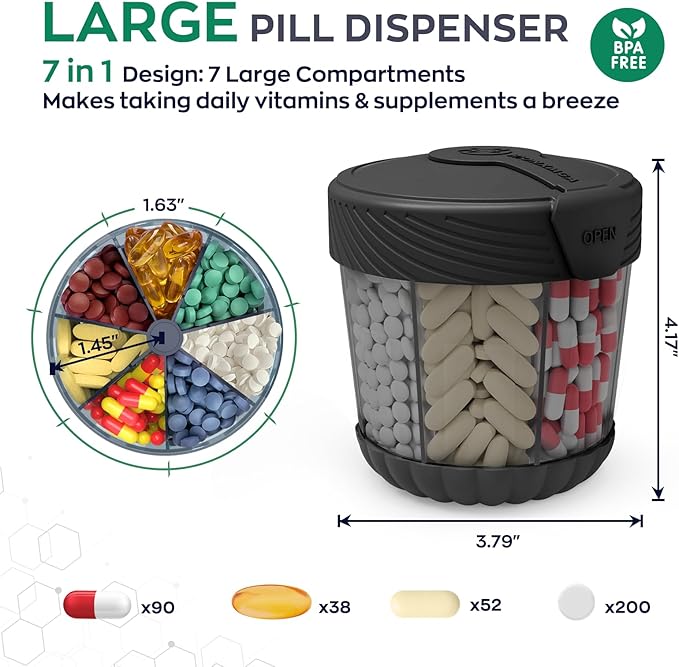 Pill Dispenser with 7 Large Compartments,Portable Pill Bottle Organizer for Travel,Anti-Mixing Supplement Organizer Easy Twist Wide-Opening Pill Container with 20Pcs Labels,Translucent Black