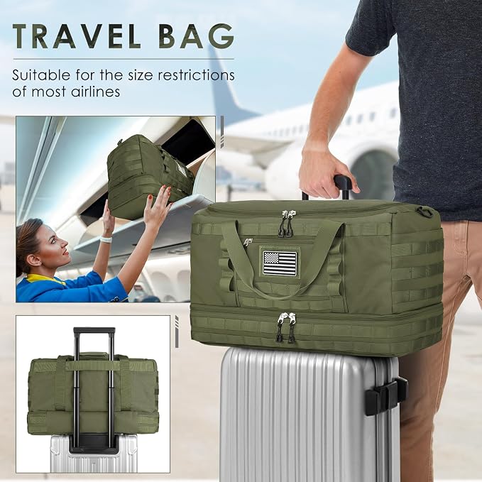 Gym Bag for Men Women, Carry on Luggage 22x14x9 Airline Approved Duffle Bag | Tactical Travel Bags with Toiletry Bag and Shoe Compartment, Weekender Overnight Duffel with Wet Pocket for Workout, Green