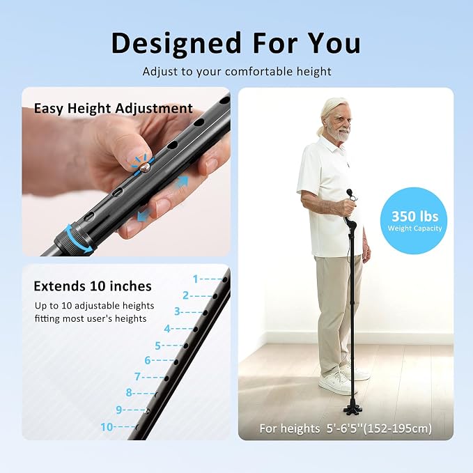 REHAND Adjustable Walking Cane for Seniors Adults - Ergonomic Anti-Slip Grip, 10 Height Settings (40"-49"), 350lbs Weight Capacity, Self-Standing Foldable Cane with Enhanced Anti Slip Base