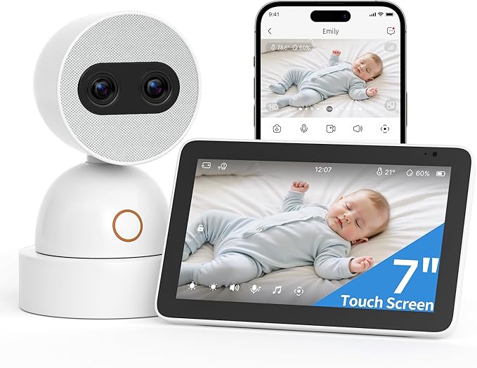 Simsky Video Baby Monitor, Dual 4MP Cameras with 6X Zoom, 7" UHD Large Touch Screen Smart Portable Audio Monitor, 24/7 Recording in app, AI Tracking, Intelligence Detection, 32GB Local Storage