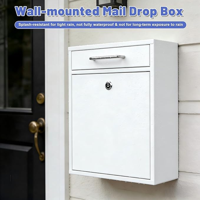 KYODOLED Locking Wall Mount Mailbox for Outside, Drop Box, X-Large, White | Heavy-Duty Steel, Outdoor Mail Box with Key Lock, Large Capacity, Home, Office & Apartment Use, 16.2H × 11.2L × 4.6W In