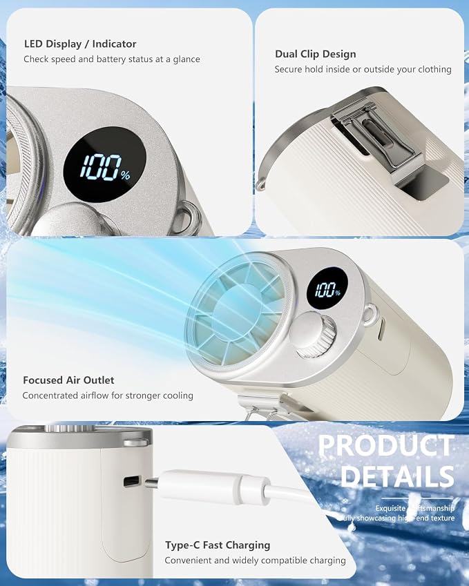 6000mAh Waist Fan with Clip on,Portable 100-Speed Enlarged Fan-blades Personal Belt Fan with LED Light 4-12H of Working Time Hands-Free Neck Fan