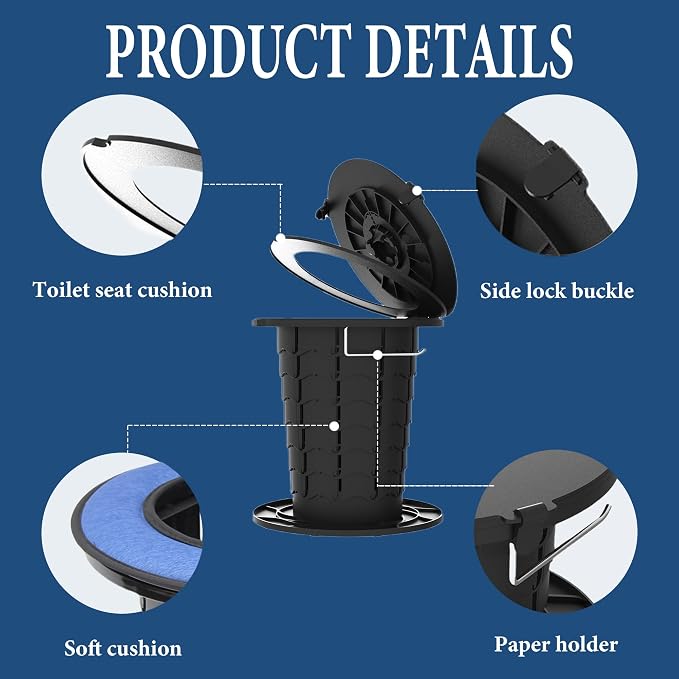 Upgraded Retractable Portable Toilet with Cushion, Adjustable Height Camping Toilets with Lid for Adults and Kids, Compact Portable Potty for Camping, Car, Travel, Boat, Tent and Emergency Use