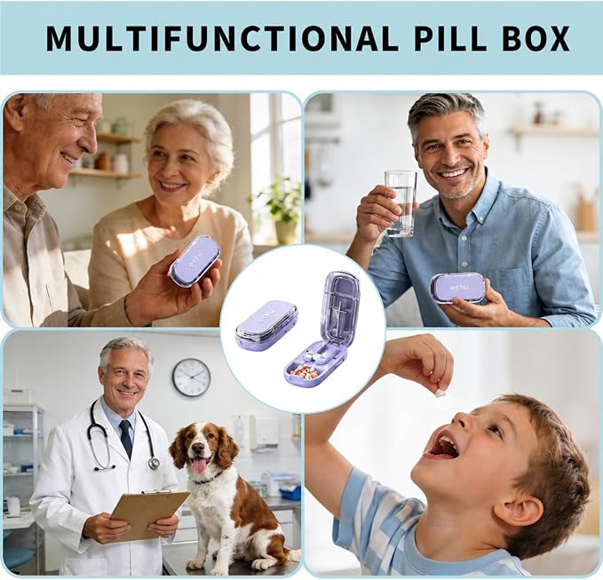 Pill Cutter Splitter for Small and Tiny Pills - Adjustable Pill Splitter with Centering Device for Cutting Multiple Pills, Accurate Alignment and Easy to Use, Storage Organizer (Purple)