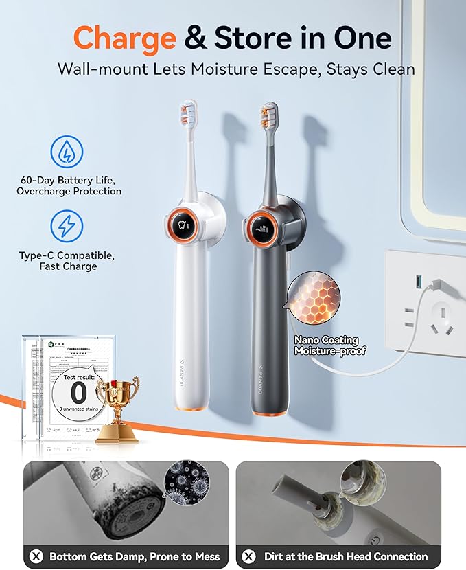 RANVOO AirJet™ [Max Jet Clean] [Vibrating & Flossing 2-in-1] Bubble Sonic Electric Toothbrush, Plaque Removal, White for Adult Protect Gum Teeth Clean Rechargeable Gift with 2 Soft Brush Heads Gray