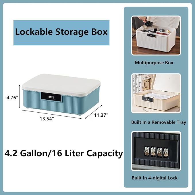 Lockable Storage Box – 4.5 Gallon Waterproof Plastic Organizer w/Adjustable Lock for Home/Office/Outdoor Travel (White & Grey)