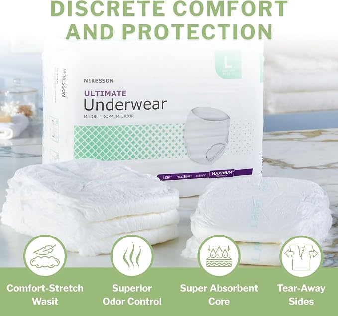 McKesson Ultimate Adult Incontinence Underwear, [72 Count], Large, 44-58 in. Maximum Absorbency, Unisex Bladder Leak Protection, Pull-On Style with Tear-Away Sides, Postpartum and Incontinence