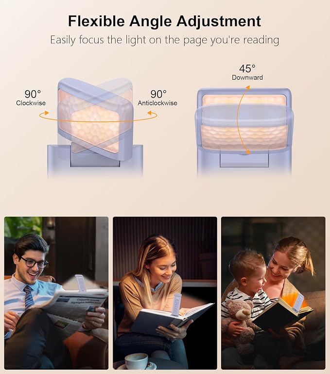 Gritin Book Light Rechargeable, Clip on LED Reading Light for Books in Bed | Eye Caring 3-Color & 5-Brightness, Stepless Dimming, Long Lasting, Compact Size Flexible Book Lamp for Bookworms-Purple