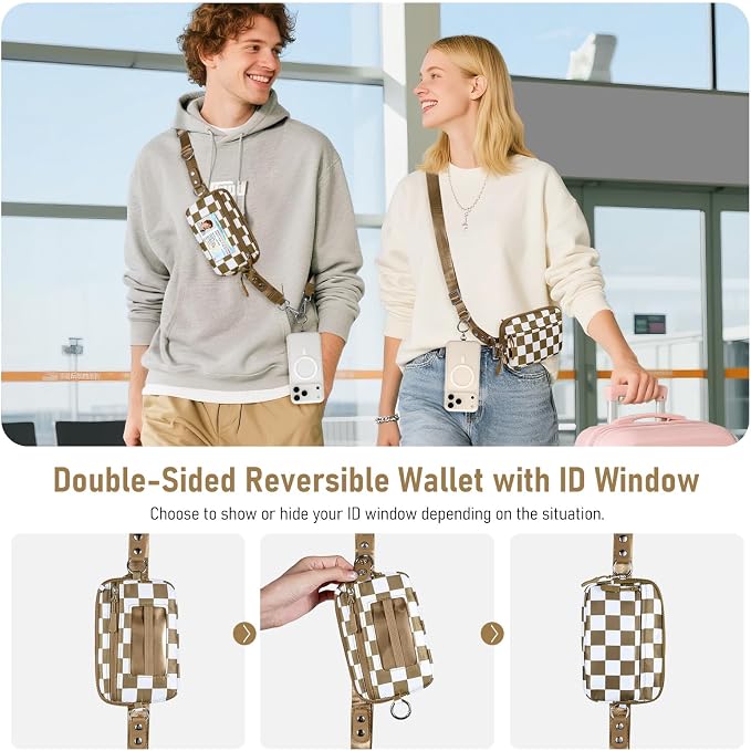 Tiostep Clip and Go Strap for Phone with Wallet Crossbody Phone Lanyard Adjustable and Detachable RFID Wristlet Wallet (Camel Checkered, Medium)