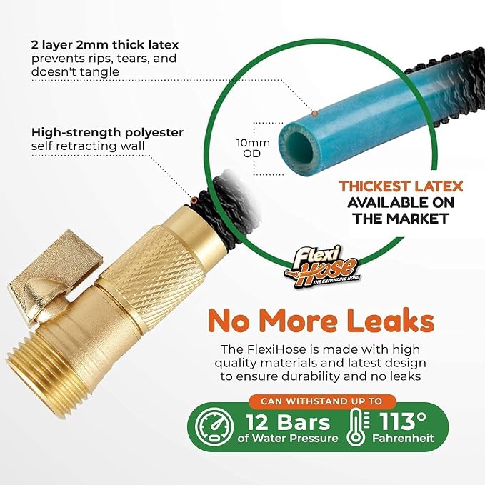 Flexi Hose Plus Expandable Garden Hose with 8 Function Nozzle, 25FT - Lightweight Retractable Garden Hose, Water Hose - No-Kink Flexibility, 3/4 Inch Solid Brass Fittings Includes Hook & Bag
