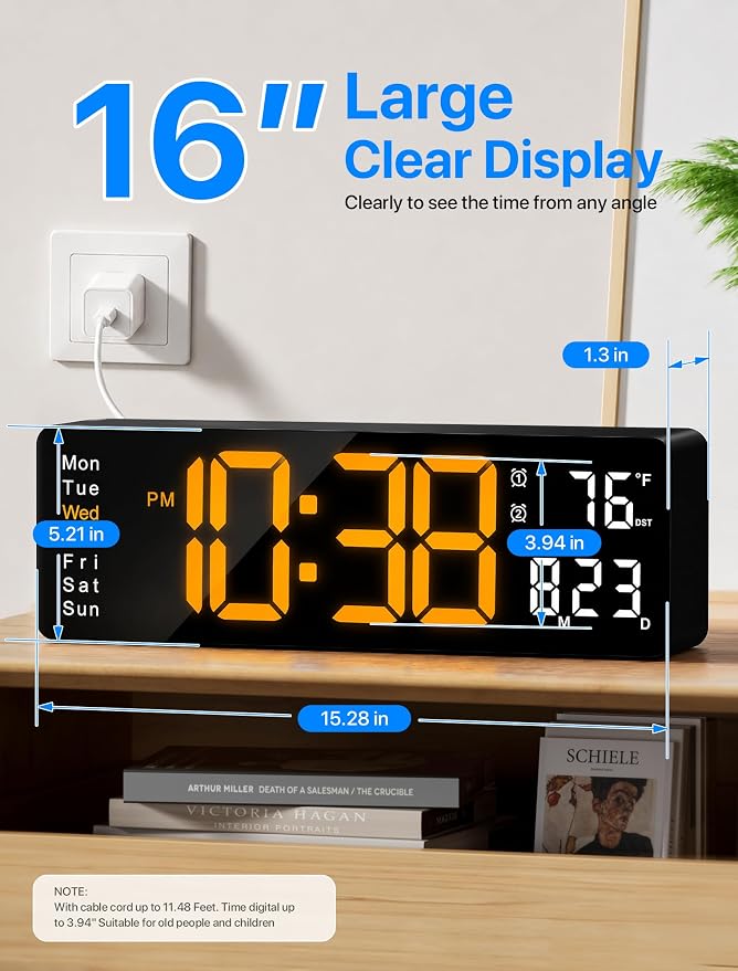 MASHI Digital Wall Clock, 16" Large Display Digital Clock with Remote Control, Auto-Dimming Wall Clock with Night Light, DST, Date Week,Temp for Living Room, Bedroom, Decor, Gift for Elderly