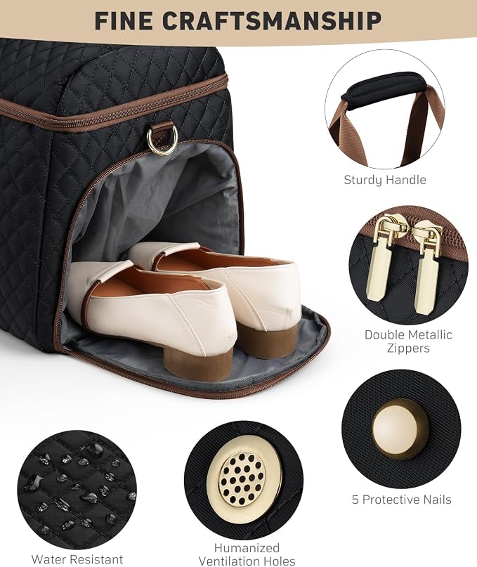 Weekender Bags for Women, Wide Open Large Travel Duffle Bag with Shoe Compartment, Overnight Carry on Bag Personal Item Travel Bag with Wet Pocket (Black Brown)
