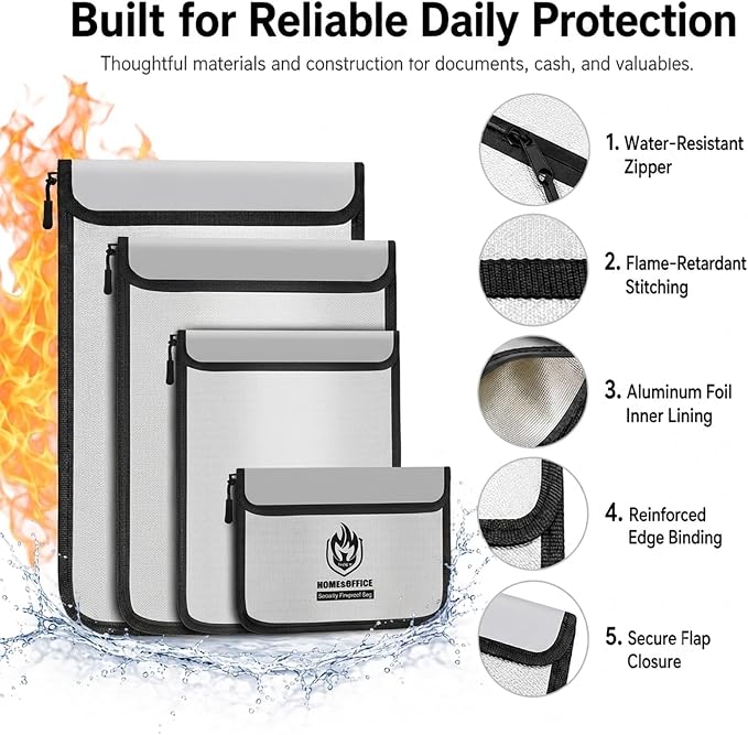 Andyer 4 Pack Fireproof Document Bags, Waterproof Document Pouch Holder with Zipper, Fire Proof Money Bag for Cash, Fireproof Envelope Fire Safe Bag, Fire Resistant Storage for Legal/A4 Size (Gray)