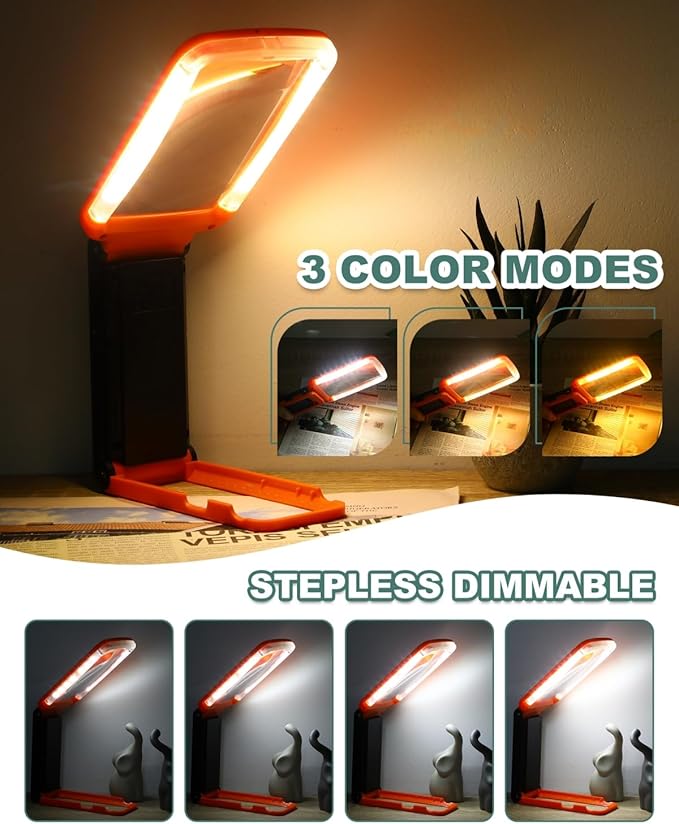 15X Magnifying Glass with Light and Stand, Rechargeable Folding Handheld Real Glass Magnifier, 3 Color Modes Dimmable Lighted Page Magnifier for Reading Small Prints, Seniors with Macular Degeneration