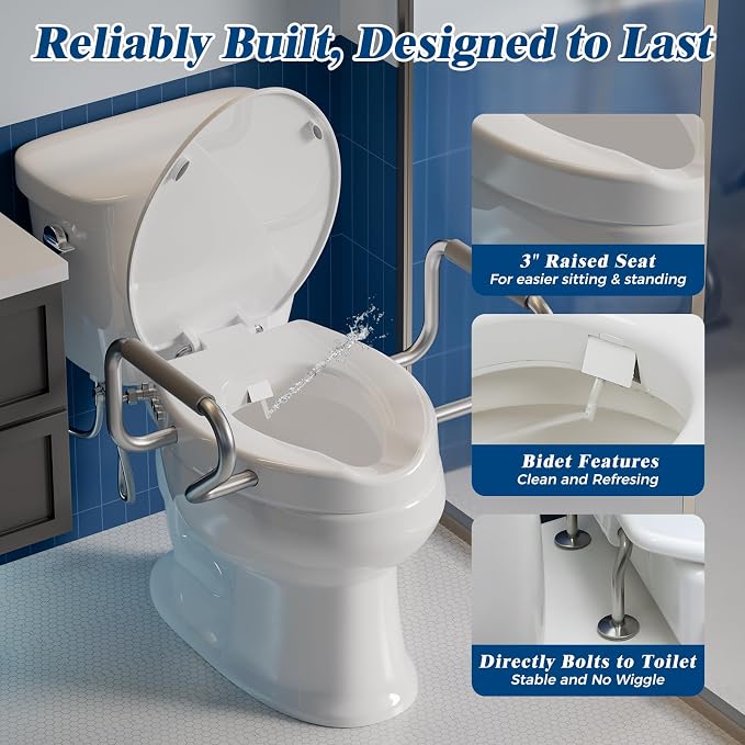 Clirass Raised Toilet Seat with Handles and Bidet Attachment,Elongated - Non-Electric Bidet with Dual Nozzles - Elevated Toilet Risers for Seniors & Limited Mobility - Easy Install & Clean
